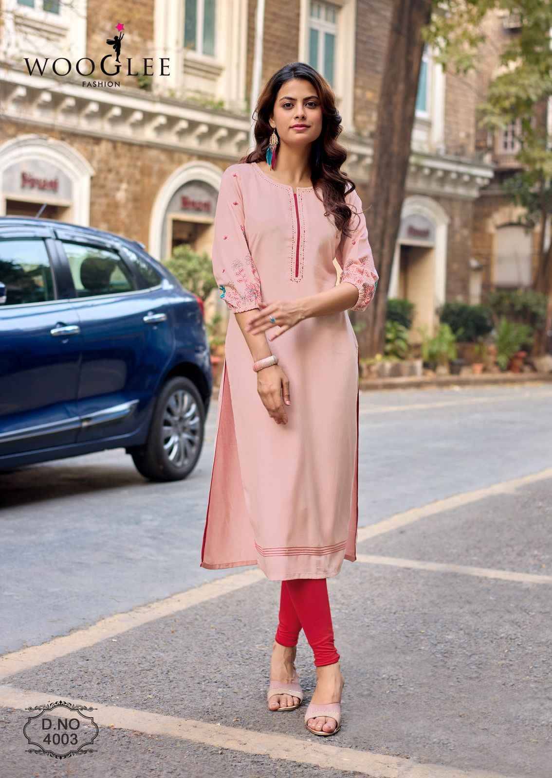 Aarvika By WOOGLEE 4001 To 4006 Series Designer Casuals Wear Collection Rayon Kurtis With Tread & Hand work At Wholesale Price